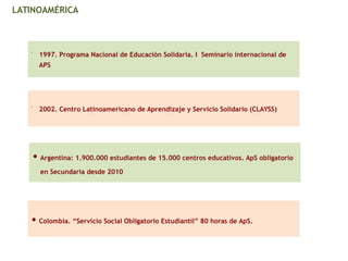 LATINOAMÉRICA
•
1997. Programa Nacional de Educación Solidaria. I Seminario internacional de
APS
•
2002. Centro Latinoamericano de Aprendizaje y Servicio Solidario (CLAYSS)
• Argentina: 1.900.000 estudiantes de 15.000 centros educativos. ApS obligatorio
en Secundaria desde 2010
• Colombia. “Servicio Social Obligatorio Estudiantil” 80 horas de ApS.
 