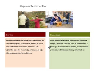 Hagamos Revivir el Río
El servicio
Adultos con discapacidad intelectual colaboran en una
campaña ecológica y ciudadana de defensa de un río
amenazado eliminando la caña americana y el
tupinambo (especies invasoras) y construyendo cajas
nido para que aniden los carboneros.
El aprendizaje
Conocimiento del entorno, participación ciudadana,
riesgos y actitudes laborales, uso de herramientas y
bricolaje, discriminación de malezas, mantenimiento
y limpieza, habilidades sociales y comunicativas
+
 