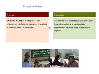 Proyecto Peinas
El servicio
Estudiantes del módulo de Integración Social
colaboran con entidades que trabajan en el ámbito de
la interculturalidad y la inmigración.
El aprendizaje
Conocimiento de la realidad social y educativa de los
inmigrantes; análisis de la importancia del
asociacionismo; participación en el desarrollo de
proyectos.
+
 