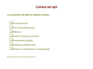 Calidad del ApS
Los proyectos de ApS de calidad incluyen…
❑Contacto directo
❑Voz de los participantes
❑Reflexión
❑Mínimo 20 Horas de servicio
❑Partenariados sólidos
❑Evaluación (Calificación)
❑Énfasis en el Servicioyen el Aprendizaje
(National Service Learning Clearinghouse)
 