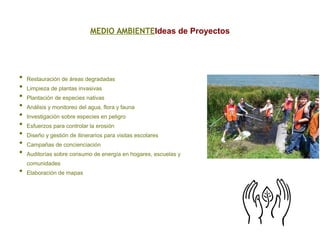 MEDIO AMBIENTEIdeas de Proyectos
• Restauración de áreas degradadas
• Limpieza de plantas invasivas
• Plantación de especies nativas
• Análisis y monitoreo del agua, flora y fauna
• Investigación sobre especies en peligro
• Esfuerzos para controlar la erosión
• Diseño y gestión de itinerarios para visitas escolares
• Campañas de concienciación
• Auditorías sobre consumo de energía en hogares, escuelas y
comunidades
• Elaboración de mapas
 