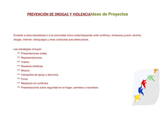 PREVENCIÓN DE DROGAS Y VIOLENCIAIdeas de Proyectos
Enseñar a otros estudiantes o a la comunidad cómo evitar/responder ante conflictos, embarazo juvenil, alcohol,
drogas, internet, videojuegos y otras conductas auto-destructivas.
Las estrategias incluyen:
– Presentaciones orales
– Representaciones
– Vídeos
– Muestras artísticas
– Música
– Campañas de apoyo y denuncia
– Foros
– Mediación en conflictos
– Presentaciones sobre seguridad en el hogar, carretera o vecindario
 