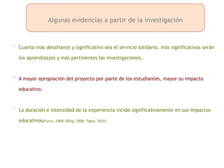 Algunas evidencias a partir de la investigación
◻
Cuanto más desafiante y significativo sea el servicio solidario, más significativos serán
los aprendizajes y más pertinentes las investigaciones.
◻
A mayor apropiación del proyecto por parte de los estudiantes, mayor su impacto
educativo.
◻
La duración e intensidad de la experiencia incide significativamente en sus impactos
educativos(Furco, 2004; Billig, 2006; Tapia, 2010).
 