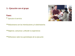 3.- Ejecución con el grupo
Fases:
• Ejecutar el servicio
•Relacionarse con los interlocutores y/o destinatarios
•Registrar, comunicar y difundir la experiencia
•Reflexionar sobre los aprendizajes de la ejecución
 