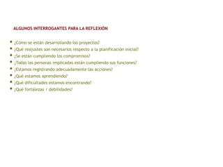 • ¿Cómo se están desarrollando los proyectos?
• ¿Qué reajustes son necesarios respecto a la planificación inicial?
• ¿Se están cumpliendo los compromisos?
• ¿Todas las personas implicadas están cumpliendo sus funciones?
• ¿Estamos registrando adecuadamente las acciones?
• ¿Qué estamos aprendiendo?
• ¿Qué dificultades estamos encontrando?
• ¿Qué fortalezas / debilidades?
ALGUNOS INTERROGANTES PARA LA REFLEXIÓN
 