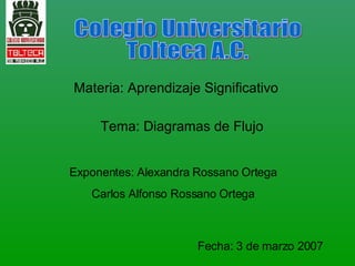 Colegio Universitario  Tolteca A.C. Materia: Aprendizaje Significativo Tema: Diagramas de Flujo Exponentes: Alexandra Rossano Ortega Carlos Alfonso Rossano Ortega Fecha: 3 de marzo 2007 