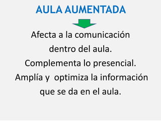 AULA AUMENTADA
Afecta a la comunicación
dentro del aula.
Complementa lo presencial.
Amplía y optimiza la información
que se da en el aula.
 