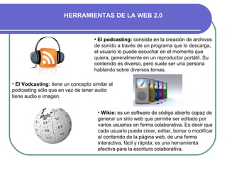 El podcasting:  consiste en la creación de archivos de sonido a través de un programa que lo descarga, el usuario lo puede escuchar en el momento que quiera, generalmente en un reproductor portátil. Su contenido es diverso, pero suele ser una persona hablando sobre diversos temas.  El Vodcasting:  tiene un concepto similar al podcasting sólo que en vez de tener audio tiene audio e imagen.  Wikis:  es un software de código abierto capaz de generar un sitio web que permite ser editado por varios usuarios en forma colaborativa. Es decir que cada usuario puede crear, editar, borrar o modificar el contenido de la página web, de una forma interactiva, fácil y rápida; es una herramienta efectiva para la escritura colaborativa.  HERRAMIENTAS DE LA WEB 2.0 