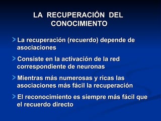 LA  RECUPERACIÓN  DEL  CONOCIMIENTO La recuperación (recuerdo) depende de asociaciones Consiste en la activación de la red correspondiente de neuronas Mientras más numerosas y ricas las asociaciones más fácil la recuperación El reconocimiento es siempre más fácil que el recuerdo directo 