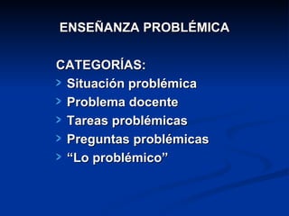 ENSEÑANZA PROBLÉMICA CATEGORÍAS: Situación problémica Problema docente Tareas problémicas Preguntas problémicas “ Lo problémico” 
