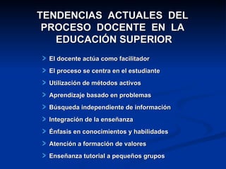 TENDENCIAS  ACTUALES  DEL  PROCESO  DOCENTE  EN  LA  EDUCACIÓN SUPERIOR El docente actúa como facilitador El proceso se centra en el estudiante Utilización de métodos activos Aprendizaje basado en problemas Búsqueda independiente de información Integración de la enseñanza Énfasis en conocimientos y habilidades Atención a formación de valores Enseñanza tutorial a pequeños grupos 