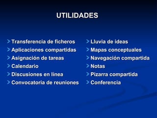 UTILIDADES Transferencia de ficheros  Aplicaciones compartidas  Asignación de tareas  Calendario  Discusiones en línea Convocatoria de reuniones  Lluvia de ideas Mapas conceptuales  Navegación compartida  Notas  Pizarra compartida  Conferencia  