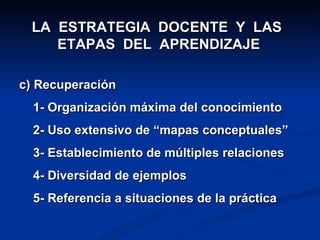 LA  ESTRATEGIA  DOCENTE  Y  LAS  ETAPAS  DEL  APRENDIZAJE c) Recuperación 1- Organización máxima del conocimiento 2- Uso extensivo de “mapas conceptuales” 3- Establecimiento de múltiples relaciones 4- Diversidad de ejemplos 5- Referencia a situaciones de la práctica 