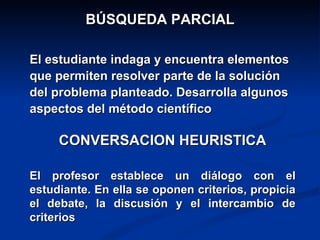 BÚSQUEDA PARCIAL

El estudiante indaga y encuentra elementos
que permiten resolver parte de la solución
del problema planteado. Desarrolla algunos
aspectos del método científico

     CONVERSACIÓN HEURÍSTICA

El profesor establece un diálogo con el
estudiante. En ella se oponen criterios, propicia
el debate, la discusión y el intercambio de
criterios
 