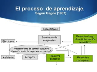 El proceso  de aprendizaje . Según Gagné (1987) Ambiente Receptor Registro sensorial  Memoria a corto plazo Memoria a largo plazo (información semántica) Generador de respuestas Efectores Expectativas Procesamiento de control ejecutivo (transferencia de experiencias previas) 