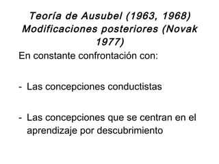 Teoría de Ausubel (1963, 1968) Modificaciones posteriores (Novak 1977) En constante confrontación con: Las concepciones conductistas Las concepciones que se centran en el aprendizaje por descubrimiento 