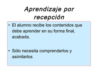 Aprendizaje por recepción El alumno recibe los contenidos que debe aprender en su forma final, acabada. Sólo necesita comprenderlos y asimilarlos 