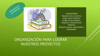 ORGANIZACIÓN PARA LOGRAR
NUESTROS PROYECTOS
CONDICIONES
Requiere de un sistema
Exige mayor esfuerzo
Exigencia tecnológica
Requiere infraestructura
didáctica
Requiere poseer capacidades y
habilidades.
 