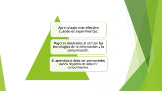Aprendizaje más efectivo 
cuando es experimental. 
Mayores resultados al utilizar las 
tecnologías de la información y la 
comunicación. 
El aprendizaje debe ser permanente; 
nunca dejamos de adquirir 
conocimientos. 
 
