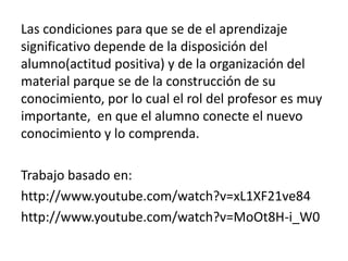 Las condiciones para que se de el aprendizaje
significativo depende de la disposición del
alumno(actitud positiva) y de la organización del
material parque se de la construcción de su
conocimiento, por lo cual el rol del profesor es muy
importante, en que el alumno conecte el nuevo
conocimiento y lo comprenda.
Trabajo basado en:
http://www.youtube.com/watch?v=xL1XF21ve84
http://www.youtube.com/watch?v=MoOt8H-i_W0
 