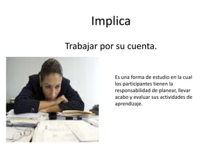 Implica
Trabajar por su cuenta.
Es una forma de estudio en la cual
los participantes tienen la
responsabilidad de planear, llevar
acabo y evaluar sus actividades de
aprendizaje.
 