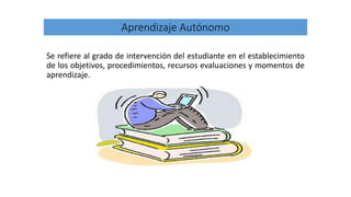 Aprendizaje Autónomo
Se refiere al grado de intervención del estudiante en el establecimiento
de los objetivos, procedimientos, recursos evaluaciones y momentos de
aprendizaje.
 