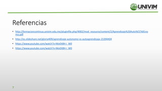 Referencias
7
• http://formacioncontinua.univim.edu.mx/pluginfile.php/4002/mod_resource/content/2/Aprendizaje%20Auto%CC%81no
mo.pdf
• http://es.slideshare.net/gloria409/aprendizaje-autonomo-vs-autoaprendizaje-15394404
• https://www.youtube.com/watch?v=MoOt8H-i_W0
• https://www.youtube.com/watch?v=MoOt8H-i_W0
 