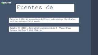 Conocimientos
nuevos.
Fuentes de
consultaCalvache, J. (2016). Aprendizaje Autónomo y Aprendizaje Significativo.
YouTube. 6 de Abril 2016, desde
https://www.youtube.com/watch?v=xL1XF21ve84
Zabalza, M. (2016). Aprendizaje Autónomo Parte 1 - Miguel Ángel
Zabalza. YouTube. 6 Abril 2016, de
https://www.youtube.com/watch?v=MoOt8H-i_W0
 