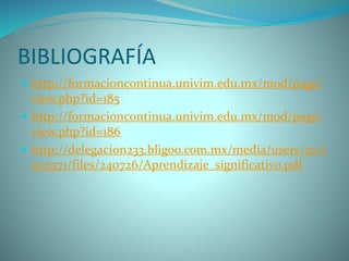 BIBLIOGRAFÍA
 http://formacioncontinua.univim.edu.mx/mod/page/
view.php?id=185
 http://formacioncontinua.univim.edu.mx/mod/page/
view.php?id=186
 http://delegacion233.bligoo.com.mx/media/users/20/1
002571/files/240726/Aprendizaje_significativo.pdf
 