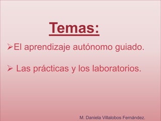 Temas:
El aprendizaje autónomo guiado.

 Las prácticas y los laboratorios.




                  M. Daniela Villalobos Fernández.
 