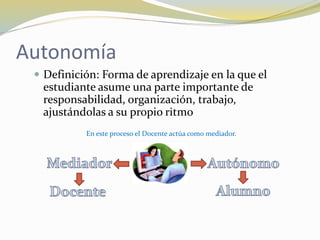 Autonomía
 Definición: Forma de aprendizaje en la que el
estudiante asume una parte importante de
responsabilidad, organización, trabajo,
ajustándolas a su propio ritmo
En este proceso el Docente actúa como mediador.
 