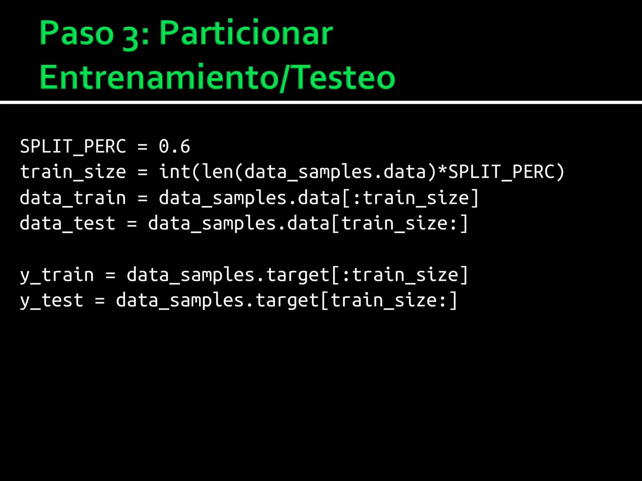 SPLIT_PERC = 0.6
train_size = int(len(data_samples.data)*SPLIT_PERC)
data_train = data_samples.data[:train_size]
data_test = data_samples.data[train_size:]
y_train = data_samples.target[:train_size]
y_test = data_samples.target[train_size:]
 