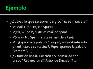  ¿Qué es lo que se aprende y cómo se modela?
 V: Mail-> {Spam, No Spam}
 V(m1) = Spam, si m1 es mail de spam
 V(m2) = No Spam, si m2 es mail de interés
 V = f(aparece la palabra “viagra”, el remitente está
en mi lista de contactos?, #que aparece la palabra
“compre”, …)
 f = función lineal? Función polinomial de 2do
grado? Red neuronal? Árbol de Decisión? …
 