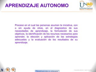 APRENDIZAJE AUTONOMO


   Proceso en el cual las personas asumen la iniciativa, con
   o sin ayuda de otras, en el diagnostico de sus
   necesidades de aprendizaje, la formulación de sus
   objetivos, la identificación de los recursos necesarios para
   aprender, la elección y aplicación de las estrategias
   adecuadas y la evaluación de los resultados de su
   aprendizaje.




                                                                   FI-GQ-GCMU-004-015 V. 000-27-08-2011
                       “Educación para todos con calidad global”
 