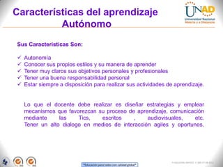 Características del aprendizaje
          Autónomo
Sus Características Son:

   Autonomía
   Conocer sus propios estilos y su manera de aprender
   Tener muy claros sus objetivos personales y profesionales
   Tener una buena responsabilidad personal
   Estar siempre a disposición para realizar sus actividades de aprendizaje.


    Lo que el docente debe realizar es diseñar estrategias y emplear
    mecanismos que favorezcan su proceso de aprendizaje, comunicación
    mediante     las    Tics,  escritos     ,    audiovisuales,    etc.
    Tener un alto dialogo en medios de interacción agiles y oportunos.




                                                                        FI-GQ-GCMU-004-015 V. 000-27-08-2011
                            “Educación para todos con calidad global”
 