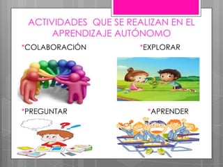ACTIVIDADES QUE SE REALIZAN EN EL
APRENDIZAJE AUTÓNOMO
*COLABORACIÓN *EXPLORAR
*PREGUNTAR *APRENDER
 