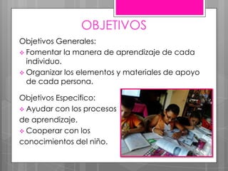 OBJETIVOS
Objetivos Generales:
 Fomentar la manera de aprendizaje de cada
individuo.
 Organizar los elementos y materiales de apoyo
de cada persona.
Objetivos Especifico:
 Ayudar con los procesos
de aprendizaje.
 Cooperar con los
conocimientos del niño.
 