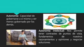 Autonomía: Capacidad de
gobernarse a si mismo y ser
menos gobernado por los
demás.
Autonomía intelectual: Nos permite
tener contrastes de puntos de vista,
fundamentos de nuestros
razonamientos y opiniones y negociar
soluciones.
 