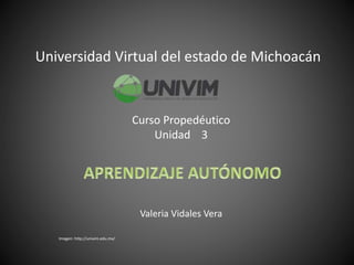 Universidad Virtual del estado de Michoacán
Curso Propedéutico
Unidad 3
Valeria Vidales Vera
Imagen: http://univim.edu.mx/
 