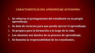 CARACTERÍSTICAS DEL APRENDIZAJE AUTONOMO:
1. Se refuerza el protagonismo del estudiante en su propio
aprendizaje.
2. Se dota de recursos para que pueda ejercer el aprendizaje.
3. Se prepara para la formación a lo largo de la vida.
4. Los alumnos son dueños de su proceso de aprendizaje.
5. Se fomenta la responsabilidad de los estudiantes.
 