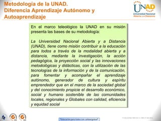 Metodología de la UNAD.
Diferencia Aprendizaje Autónomo y
Autoaprendizaje
         En el marco teleológico la UNAD en su misión
          En el marco teleológico la UNAD en su misión
         presenta las bases de su metodología:
          presenta las bases de su metodología:

         La Universidad Nacional Abierta yy a Distancia
          La Universidad Nacional Abierta           a Distancia
         (UNAD), tiene como misión contribuir a la educación
          (UNAD), tiene como misión contribuir a la educación
         para todos a través de la modalidad abierta yy a
          para todos a través de la modalidad abierta           a
         distancia, mediante la investigación, la acción
          distancia, mediante la investigación, la acción
         pedagógica, la proyección social yy las innovaciones
          pedagógica, la proyección social las innovaciones
         metodológicas yy didácticas, con la utilización de las
          metodológicas didácticas, con la utilización de las
         tecnologías de la información yy de la comunicación,
          tecnologías de la información de la comunicación,
         para fomentar yy acompañar el aprendizaje
          para fomentar          acompañar el aprendizaje
         autónomo, generador de cultura yy espíritu
          autónomo, generador de cultura                 espíritu
         emprendedor que en el marco de la sociedad global
          emprendedor que en el marco de la sociedad global
         yydel conocimiento propicie el desarrollo económico,
            del conocimiento propicie el desarrollo económico,
         social yy humano sostenible de las comunidades
          social     humano sostenible de las comunidades
         locales, regionales yyGlobales con calidad, eficiencia
          locales, regionales Globales con calidad, eficiencia
         yyequidad social
            equidad social


                                                              FI-GQ-GCMU-004-015 V. 000-27-08-2011
 