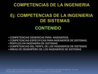 CONTENIDO
  • COMPETENCIAS GENERICAS PARA INGENIEROS.
  • COMPETENCIAS ESPECIFICAS PARA INGENIEROS DE SISTEMAS.
  • PERFILES EN INGENIERIA DE SISTEMAS
  • COMPETENCIAS DEL PERFIL DE LOS INGENIEROS DE SISTEMAS
  • AREAS DE DESEMPEÑO DE LOS INGENIEROS DE SISTEMAS




MARCO DE FUNDAMENTACIÓN CONCEPTUAL Y ESPECIFICACIONES DE PRUEBA - ECAES
INGENIERÍA DE SISTEMAS ICFES - ACOFI VERSIÓN 6.0 – JULIO DE 2005
 