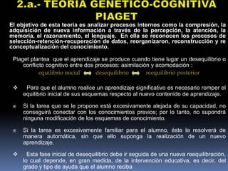 El objetivo de esta teoría es analizar procesos internos como la compresión, la
adquisición de nueva información a través de la percepción, la atención, la
memoria, el razonamiento, el lenguaje. En ella se reconocen los procesos de
selección-retención-recuperación de datos, reorganizaron, reconstrucción y re
conceptualización del conocimiento.

 Piaget plantea que el aprendizaje se produce cuando tiene lugar un desequilibrio o
     conflicto cognitivo entre dos procesos: asimilación y acomodación :
            equilibrio inicial     desequilibrio       reequilibrio posterior

 v    Para que el alumno realice un aprendizaje significativo es necesario romper el
     equilibrio inicial de sus esquemas respecto al nuevo contenido de aprendizaje.

    Si la tarea que se le propone está excesivamente alejada de su capacidad, no
     conseguirá conectar con los conocimientos previos; por lo tanto, no supondrá
     ninguna modificación de los esquemas de conocimiento.

    Si la tarea es excesivamente familiar para el alumno, éste la resolverá de
     manera automática, sin que ello suponga la realización de un nuevo
     aprendizaje.

 v     Esta fase inicial de desequilibrio debe ir seguida de una nueva reequilibración,
     lo cual depende, en gran medida, de la intervención educativa, es decir, del
     grado y tipo de ayuda que el alumno reciba
 