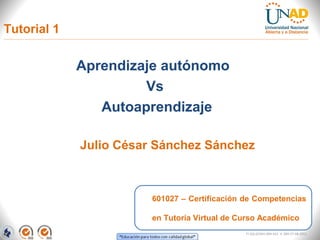 Tutorial 1

             Aprendizaje autónomo
                      Vs
                Autoaprendizaje

             Julio César Sánchez Sánchez



                        601027 – Certificación de Competencias

                        en Tutoría Virtual de Curso Académico
                                               FI-GQ-GCMU-004-015 V. 000-27-08-2011
 
