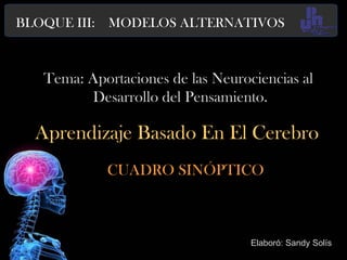Aprendizaje Basado En El Cerebro 
CUADRO SINÓPTICO 
Elaboró: Sandy Solís 
Tema: Aportaciones de las Neurociencias al Desarrollo del Pensamiento. 
BLOQUE III: MODELOS ALTERNATIVOS  