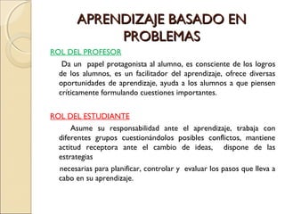 APRENDIZAJE BASADO EN
             PROBLEMAS
ROL DEL PROFESOR
   Da un papel protagonista al alumno, es consciente de los logros
  de los alumnos, es un facilitador del aprendizaje, ofrece diversas
  oportunidades de aprendizaje, ayuda a los alumnos a que piensen
  críticamente formulando cuestiones importantes.


ROL DEL ESTUDIANTE
      Asume su responsabilidad ante el aprendizaje, trabaja con
  diferentes grupos cuestionándolos posibles conflictos, mantiene
  actitud receptora ante el cambio de ideas, dispone de las
  estrategias
  necesarias para planificar, controlar y evaluar los pasos que lleva a
  cabo en su aprendizaje.
 