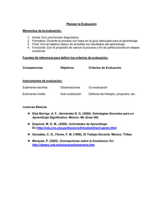 Planear la Evaluación
Momentos de la evaluación:
1. Inicial: Con una función diagnóstica.
2. Formativa: Durante el proceso con base en la guía adecuada para el aprendizaje.
3. Final: Con el objetivo básico de acreditar los resultados del aprendizaje.
4. Funcional: Con el propósito de valorar el proceso a fin de perfeccionarlo en etapas
sucesivas.
Fuentes de referencia para definir los criterios de evaluación:
Competencias Objetivos Criterios de Evaluación
Instrumentos de evaluación:
Exámenes escritos Observaciones Co-evaluación
Exámenes orales Auto evaluación Defensa de trabajos, proyectos, etc.
Lecturas Básicas
 Díaz Barriga, A. F., Hernández R. G. (2000). Estrategias Docentes para un
Aprendizaje Significativo. México: Mc Graw Hill.
 Ezquivel, M. O. M., (2000). Actividades de Aprendizaje.
En:http://cdu.cnc.una.py/docs/cncII/modulo5/acti-apren.html
 González, C. O., Flores, F. M. (1998). El Trabajo Docente. México: Trillas
 Marqués, P. (2002). Concepciones sobre la Enseñanza. En:
http://dewey.uab.es/pmarques/ensenanz.htm
 