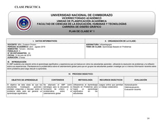 14
UNIVERSIDAD NACIONAL DE CHIMBORAZO
VICERRECTORADO ACADÉMICO
UNIDAD DE PLANIFICACIÓN ACADÉMICA
FACULTAD DE CIENCIAS DE LA EDUCACIÓN, HUMANAS Y TECNOLOGÍAS
CARRERA DE DISEÑO GRÁFICO
PLAN DE CLASE N° 1
CLASE PRÁCTICA
I. DATOS INFORMATIVOS: II. ORGANIZACIÓN DE LA CLASE:
DOCENTE: MSc. Gustavo Orozco
PERÍODO ACADÉMICO: abril – agosto 2019
SEMESTRE: Tercero - Idiomas
PARALELO: A
N° DE ESTUDIANTES: 24
FECHA: 12 de julio de 2019
DURACIÓN: 2 horas
ASIGNATURA: Infopedagogía
TEMA DE CLASE: Aprendizaje Basado en Problemas
III. INTRODUCCIÓN
El ABP sustenta una relación entre el aprendizaje significativo y experiencia que se traduce en cómo los estudiantes aprenden, utilizando la resolución de problemas y la reflexión
sobre sus experiencias. Plantearemos la problemática sobre el calentamiento global para que en grupos los estudiantes puedan investigar por sí mismos información reciente sobre
dicho problema para luego discutir lo aprendido.
IV. PROCESO DIDÁCTICO:
OBJETIVO DE APRENDIZAJE CONTENIDOS METODOLOGÌA RECURSOS DIDÁCTICOS EVALUACIÒN
El objetivo de esta clase es que los
estudiantes investiguen, aprendan,
planteen preguntas y discutan sobre el
problema dado para así generar un
aprendizaje significativo.
Se abarcará el ABP como
estrategia para la educación, la
formación de criterio y la
problemática sobre el
calentamiento global
Utilizaremos el Aprendizaje
Basado en Problemas para
lograr un aprendizaje
significativo en los
estudiantes.
Juegos online que permitan
un trabajo colaborativo.
Autoevaluación
Heteroevaluación
Evaluación docente
 