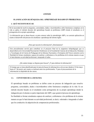 15
ANEXOS
PLANIFICACIÓN DE BÚSQUEDA DEL APRENDIZAJE BASADO EN PROBLEMAS
1.- QUÉ NECESITO BUSCAR:
¿Para qué necesito la información? ¿Destinatarios?
¿De cuánto tiempo se dispone para buscar? ¿Y para elaborar la información?
1.1. CONTENIDO DE LA DEMANDA
El aprendizaje basado en problemas se define como un proceso de indagación que resuelve
preguntas, curiosidades, dudas e incertidumbres sobre fenómenos complejos de la vida. Es un
método docente basado en el estudiante como protagonista de su propio aprendizaje donde la
indagación por el alumno es parte importante del ABP y que guiará el proceso de aprendizaje.
Su finalidad es formar estudiantes capaces de analizar y enfrentarse a los problemas de la misma
manera en que lo hará durante su actividad profesional, es decir, valorando e integrando el saber
que los conducirá a la adquisición de competencias profesionales.
Este procedimiento servirá para contribuir en el proyecto final de la asignatura infopedagogía que se
desarrollará en la Universidad Nacional de Chimborazo en la Facultad de Ciencias de la Educación, Humanas
y Tecnologías de la Carrera de Pedagogía de los Idiomas Nacionales y Extranjeros del Tercer semestre con la
finalidad de formar estudiantes capaces de analizar y enfrentarse a los problemas de la misma manera en que
lo hará durante su actividad profesional, integrando el saber.
De la necesidad de resolver preguntas, curiosidades, dudas e incertidumbres sobre fenómenos complejos en la
vida se aplica el método docente del aprendizaje basado en problemas (ABP) donde el estudiante es el
protagonista de su propio aprendizaje.
La información que se desea buscar, es para conocer sobre la metodología ABP y su correcta aplicación en
cuanto al desarrollo del proceso de enseñanza- aprendizaje del idioma inglés.
El tiempo que se tiene planificado para la tarea de buscar la información es de un mes (desde el 10 de mayo
hasta el 7 de junio), por cuanto se realizará entre tres profesionales. Y para el procesamiento de la
información se dispondrá de dos meses.
 