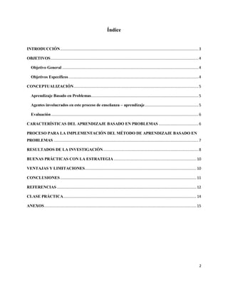 2
Índice
INTRODUCCIÓN.................................................................................................................................3
OBJETIVOS..........................................................................................................................................4
Objetivo General ...............................................................................................................................4
Objetivos Específicos .........................................................................................................................4
CONCEPTUALIZACIÓN....................................................................................................................5
Aprendizaje Basado en Problemas....................................................................................................5
Agentes involucrados en este proceso de enseñanza – aprendizaje..................................................5
Evaluación .........................................................................................................................................6
CARACTERÍSTICAS DEL APRENDIZAJE BASADO EN PROBLEMAS .....................................6
PROCESO PARA LA IMPLEMENTACIÓN DEL MÉTODO DE APRENDIZAJE BASADO EN
PROBLEMAS .......................................................................................................................................7
RESULTADOS DE LA INVESTIGACIÓN.........................................................................................8
BUENAS PRÁCTICAS CON LA ESTRATEGIA .............................................................................10
VENTAJAS Y LIMITACIONES........................................................................................................10
CONCLUSIONES...............................................................................................................................11
REFERENCIAS ..................................................................................................................................12
CLASE PRÁCTICA............................................................................................................................14
ANEXOS..............................................................................................................................................15
 